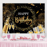 Lofaris Black Golden Champagne Star Happy Birthday Backdrop